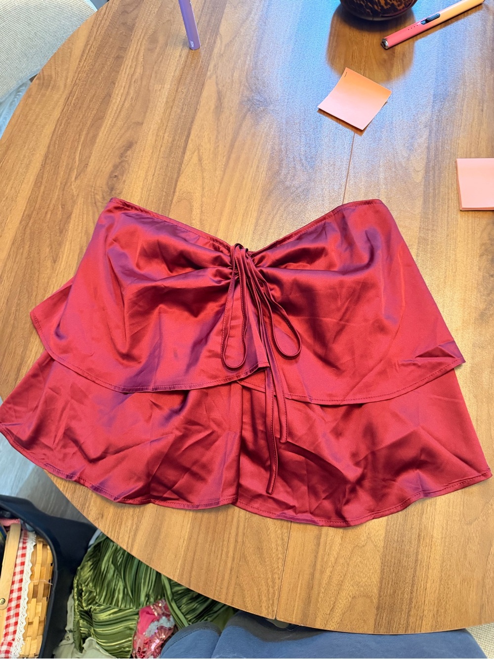 Strapless Ruffle Satin Mini Top in Wine Red